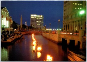 VINTAGE CONTINENTAL SIZE POSTCARD WATERFIRE AT PROVIDENCE RHODE ISLAND