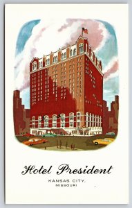Kansas City Missouri~Hotel President Exterior Art View~US Flag~Vintage Postcard