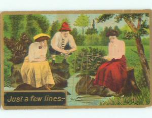 Pre-Linen TWO WOMEN AND ONE MAN ALL HOLDING FISHING POLES k7687