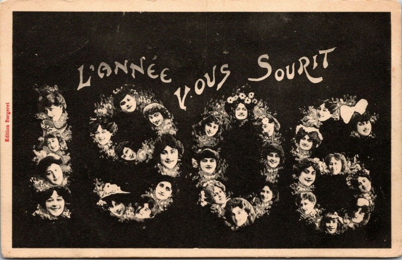 1906 L' ANNEE VOUS SOURIT -  Bonne Annee Happy New Year FACES France postcard