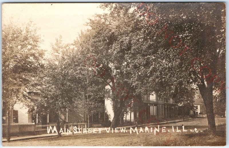 c1900s Marine, IL Main St RPPC Street View Downtown Victorian Houses Photo A154