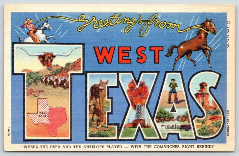 West Texas~State Large Letter Linen postcard~Map~Longhorn Steer~Cowboy~Comanches