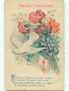 Pre-Linen foreign BEAUTIFUL WHITE DOVE BIRD WITH CARNATION FLOWERS J4471