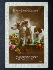 HAPPY MANY RETURNS Birthday Greetings 2 x TERRIER Dog Breed c1930s RP Postcard