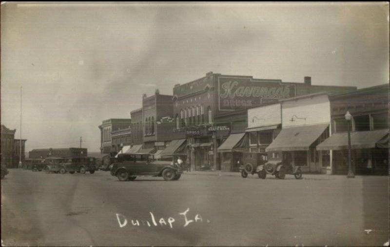 Dunlap IA Street Scene Cars & Stores c1920 Real Photo Postcard