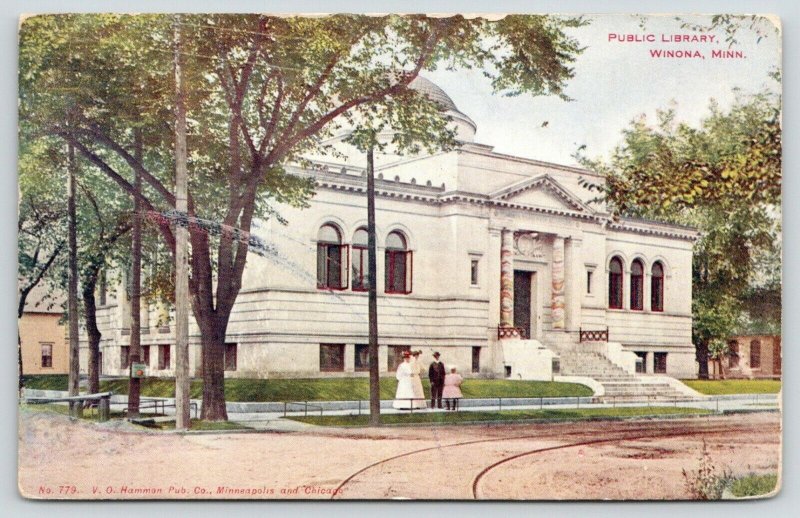 Winona Minnesota~Public Library~Family on Sidewalk in Front~1907 Postcard 