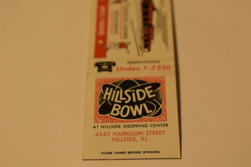 Hillside Bowl Restaurant Bowling Illinois 20 Strike Matchbook Cover