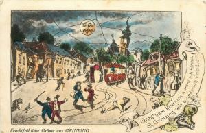 1933 Postcard Gruss aus Grinzing Austria, Wobbly Town w/ Lots of Wineries & Bars