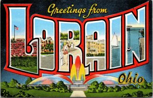 Vtg 1940's Greetings From Lorain Ohio OH Large Letter Linen Postcard