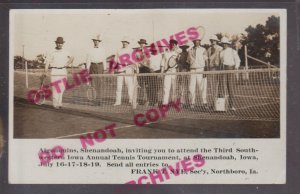 Shenandoah IOWA RPPC c1910 TENNIS TOURNAMENT Advertising SW IA MEN RACKETS NET