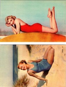 2~Postcards BATHING BEAUTIES Blonde/Red Suit & Redhead/Blue Suit  ca1940's Linen