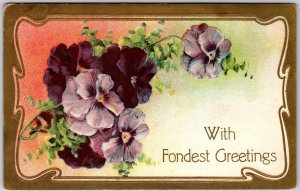 With Fondest Greetings Pansies Bordered Bouquet Wishes Card Postcard