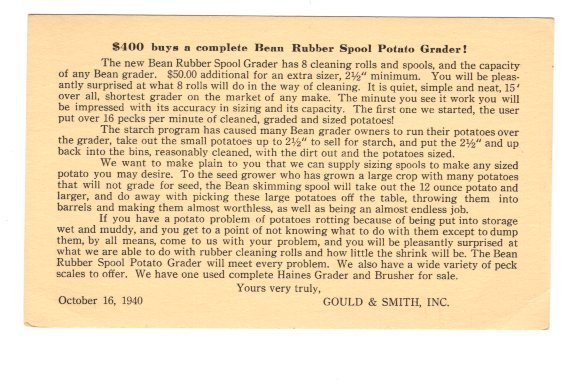 Gould Smith Advertising Potato Grader,, Maine 1940 Postal Stationery Jefferson
