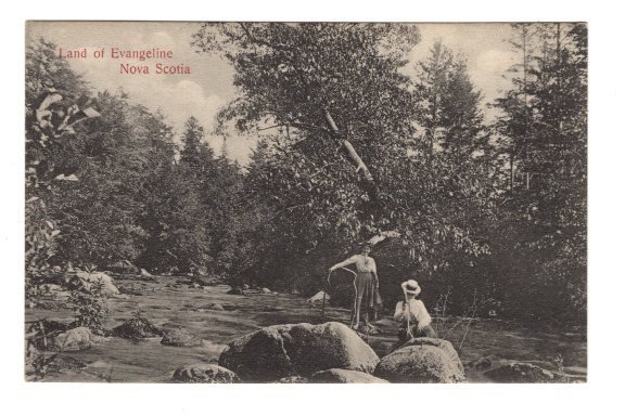 Two Ladies on Rocks Beside River, Land of Evangeline, Nova Scotia,