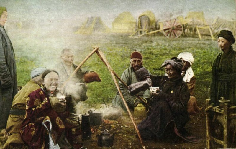 mongolia china, Group of Native Mongolians Drinking Coffee (1946) Postcard 