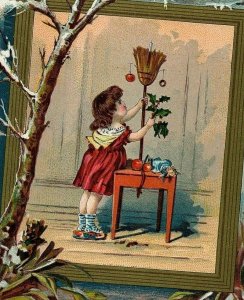 1880 Christmas Coffee Lion Trade Card Spice Woolson Victorian Co Girl Tree Broom 