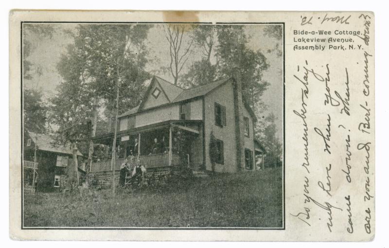 Assembly Park to Liverpool, New York 1906 PC, Bide O Wee Cottage, purple marking