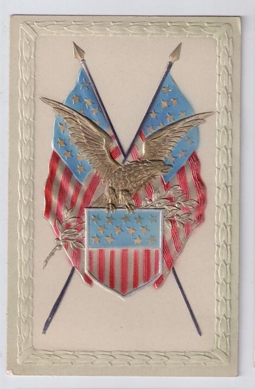 Patriotic Eagle Flags Paul Finkenrath Bas Relief Gold Silver Inlay Postcard PFB