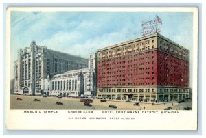 c1910's Masonic Temple Shrine Club Hotel Fort Wayne Detroit MI Phostint Postcard