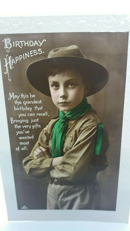 Antique Rp Postcard Young Boy Scout Birthday Greetings Real Photo Rppc c1910