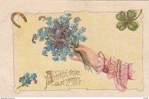 FLOWERS, 1900-1910's; Woman's Hand Holding A Buquet Of Purple And Blue Flower...