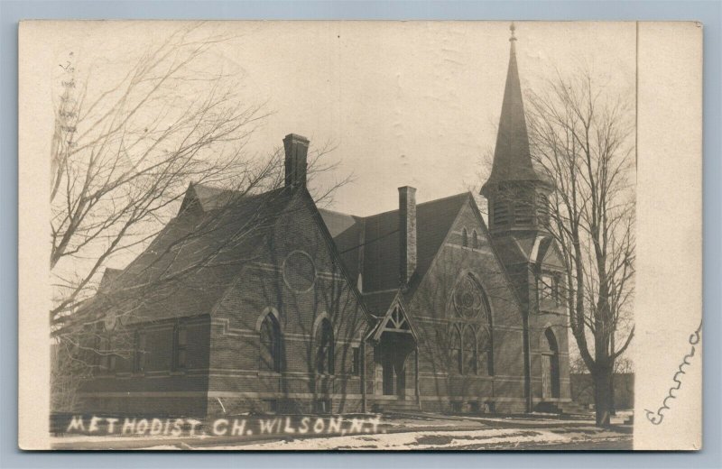 WILSON NY METHODIST CHURCH ANTIQUE REAL PHOTO POSTCARD RPPC w/ CORK CANCEL