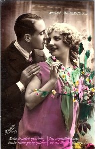 Hand Colored Portrait French Romantic Couple with Flowers 1900s Postcard
