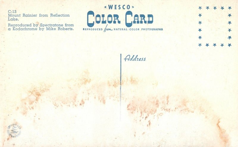 Vintage Postcard Mt. Rainier From Reflection Lake Large Stratovolcano Washington