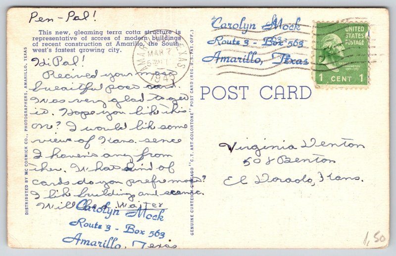 Amarillo Texas~Potter County Courthouse Exterior~Terra Cotta~Linen 1945 Postcard