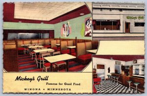 K31/ Winona Minnesota Postcard Linen Mickey's Grill Interior 3View 317