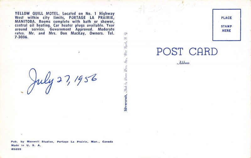 Manitoba Canada 1956 Postcard Yellow Quill Motel