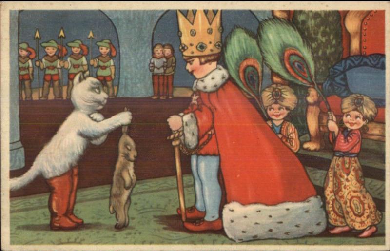 Art Deco Fairy Tale Puss N Boots Cat Brings Rabbit to King c1920 Postcard