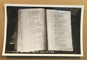 VINTAGE UNUSED REAL PHOTO POSTCARD THE PLAGUE REGISTER, EYAM, A.D.1666, ENGLAND