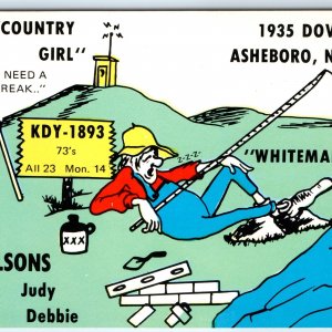 c1970s Asheboro, N.C. Comic QSL Card Art Country Girl Man Fishing Wilson PC A231