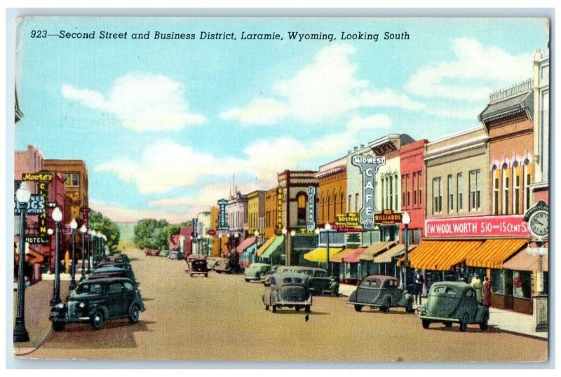 c1940 Second Street Business District Looking South Laramie Wyoming WY Postcard