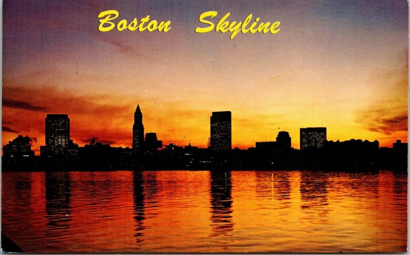 Boston Skyline Sunset Harbor Massachusetts MA Postcard VTG UNP Plastichrome 