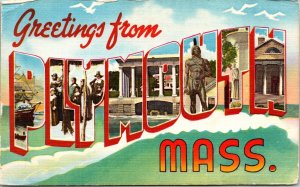 Greetings From Plymouth Massachusetts MA Large Letters Linen Postcard UNP VTG 