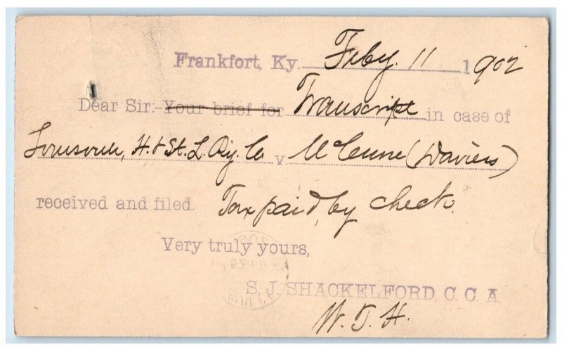 1902 Tax Paid SJ Shackelford CCA Transcript Frankfort Kentucky KY Postal Card