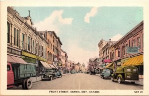 Postcard ON Sarnia Front Street Zellers Store Classic Cars Truck Shops 1940s S97