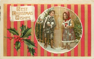 Embossed Postcard Vignette Children Best Christmas Red & Gold Stripes Wallpaper