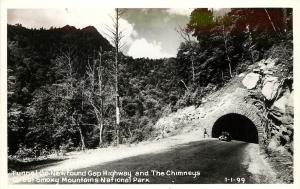 Cline RPPC Postcard 1-1-99 NewFound Gap Hwy Tunnel, Chimneys, Smoky Mts. Park