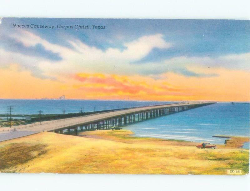 1950's SUNSET ON CAUSEWAY BRIDGE Corpus Christi Texas TX d5187