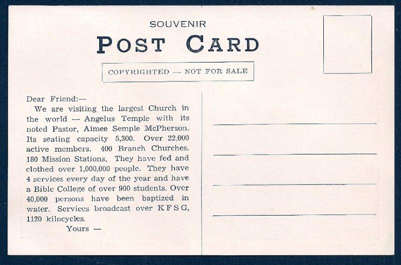 Angelus Temple Los Angeles California unused c1939