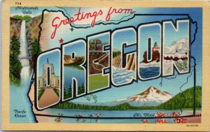 1930s Large Letter Greetings from Multnomah Falls Oregon Linen Postcard