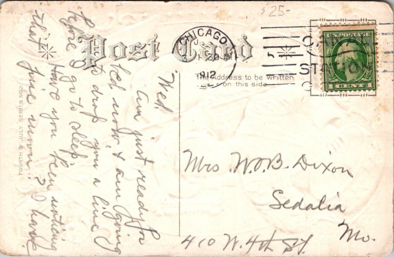 Boys Marching with Drum, Flags, Firecrackers July 4th Embossed  Postcard R08