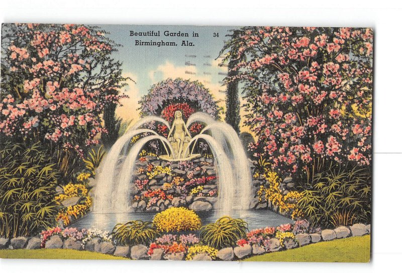 Birmingham Alabama AL Postcard 1940 Beautiful Garden Fountain