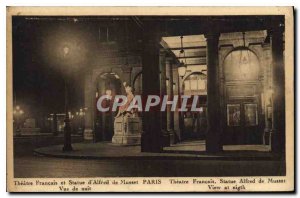 Postcard Old Paris Theater and French Statue of Alfred de Musset night view