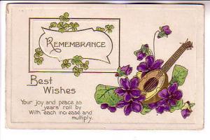 Purple Flowers, Lute, Remembrance, Best Wishes Greeting Postcard