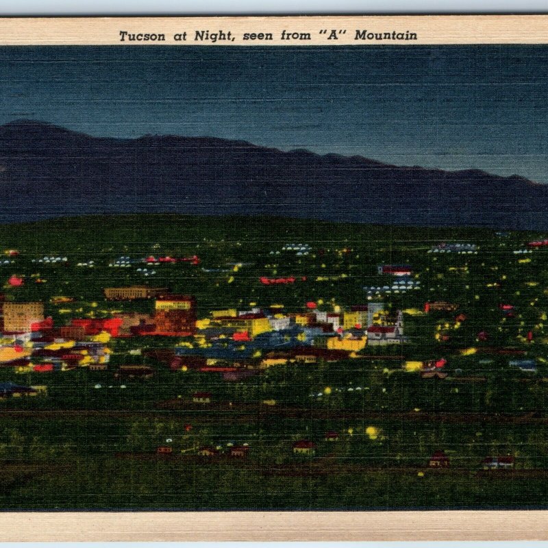 1948 Tucson, AZ Night View Birds Eye from Mountain A Downtown Vtg Ariz PC A252