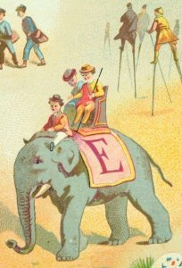 1870's-80's Lovely Alphabet Elephant Stilt Walkers Victorian Scrapbook Card F85